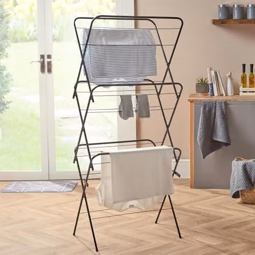 OHS 3 Tier Folding Clothes Airer in Black, 15m Drying Space, H 136 x W 62 x D 49 cm – 2