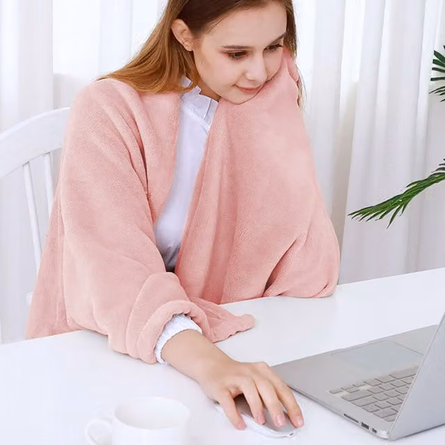Livingandhome Pink Flannel Double-Sided Electric Heating Shawl Blanket with Timer
