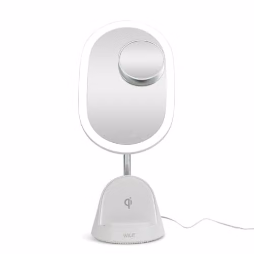 ValueLights LED Tabletop Makeup Mirror in White with Dimmable Touch Control and Wireless Charging