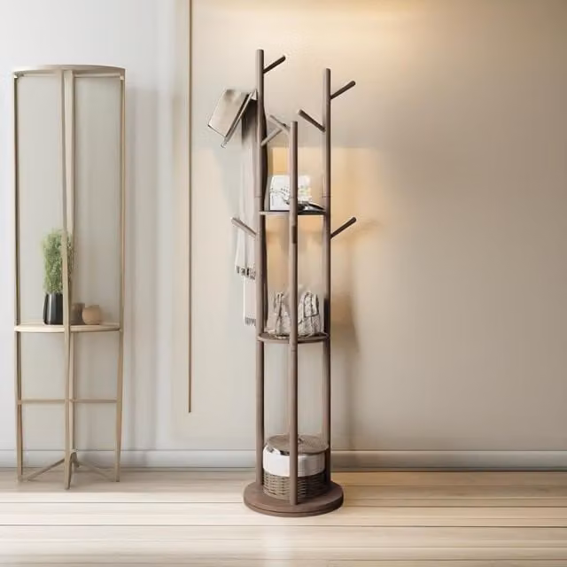 FURNOS Rotating 360 Wooden Coat Stand with 9 Hooks in Brown – 1
