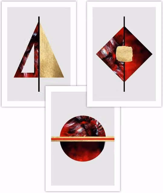 ARTZE Set of 3 Abstract Art Deco Geometric Paper Posters in Red, Orange, Gold and White, W: 42 cm, H: 59 cm