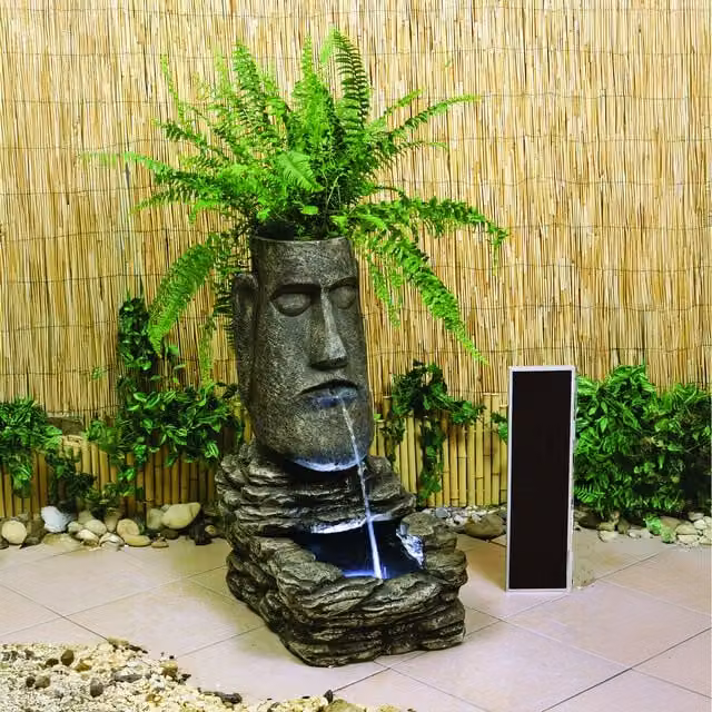 Primrose Easter Island Head Solar Powered Tabletop Water Fountain and Planter with Lights in Brown