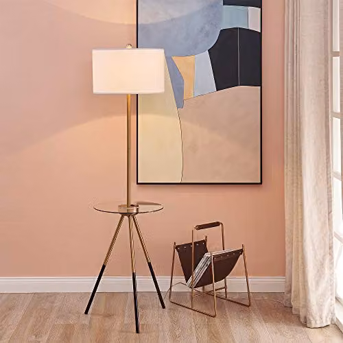 Teamson Home Mid-Century Modern LED Tripod Floor Lamp with Glass Tabletop and Built-in USB Charging Port, Gold and White – 2