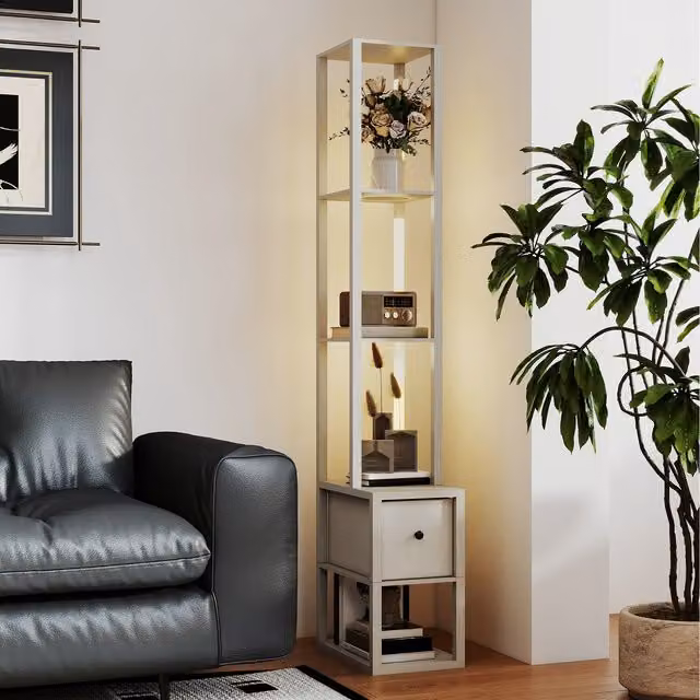 HOMCOM Modern LED Floor Lamp with Shelves and Fabric Drawer in White and Wood Finish