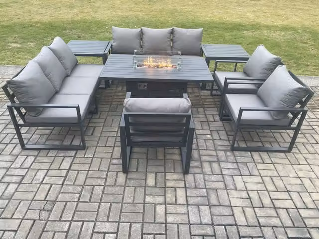 Fimous Aluminium Garden Furniture Set with Gas Fire Pit Dining Table, 3 Armchairs and 2 Side Tables in Dark Grey