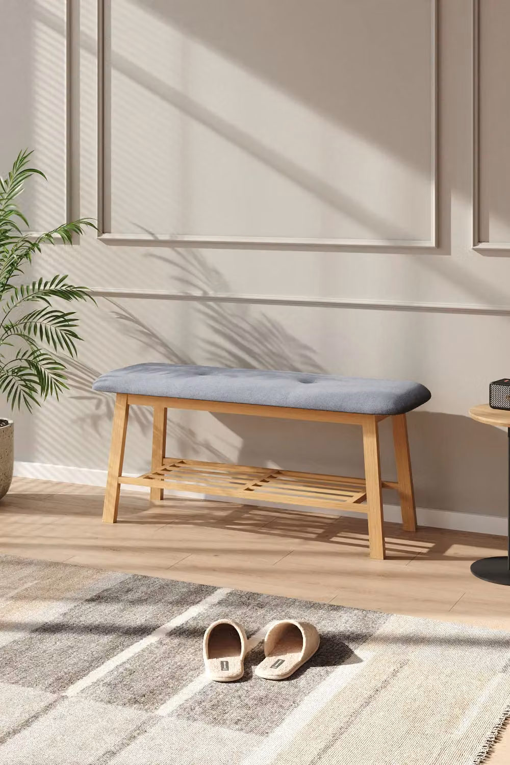 Living and Home Grey Linen Bamboo Shoe Bench and Footstool – 2