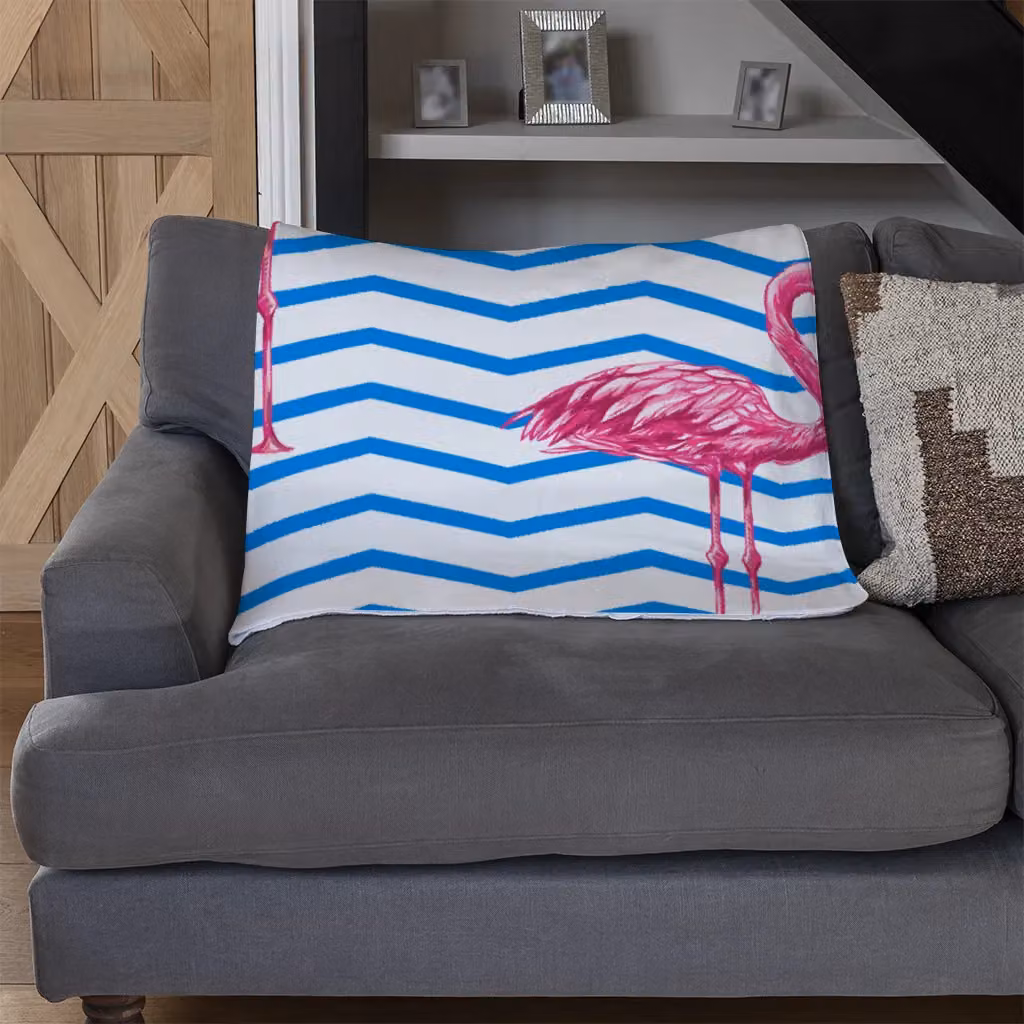 Benjamin Tate Design Flamingo and Blue Geometric Lines Fleece Blanket in Sand and Blue, W/D/H: 120 x 150 cm – 3
