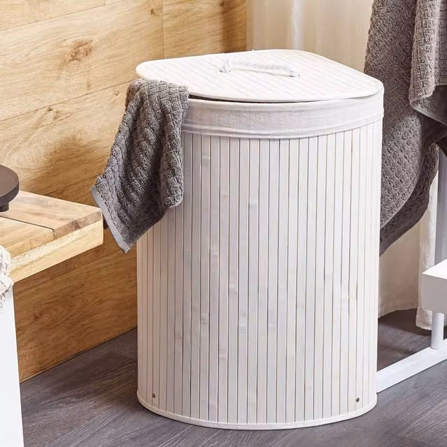 Wyld and Coco Boho White Bamboo Corner Laundry Basket with Lid and Removable Bag – 1