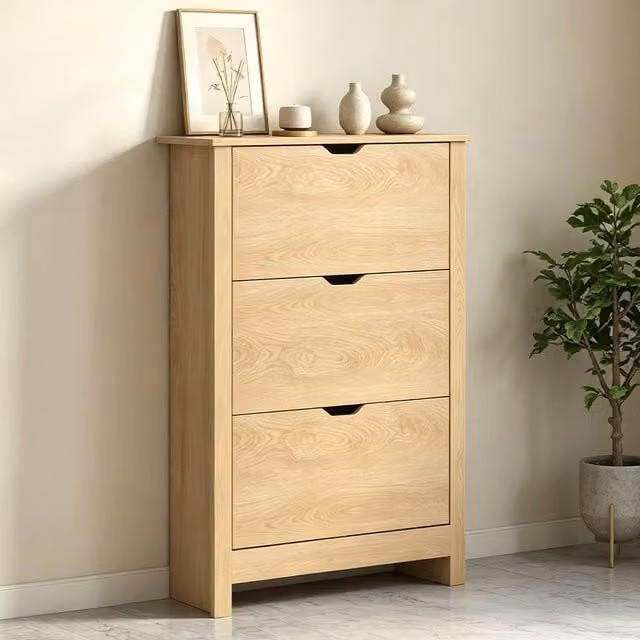 ERGOVEXA Modern Slim Natural Wood Shoe Cabinet with Tilting Compartments and Internal Shelves in Brown – 1