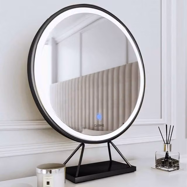 CARME Lucia Round Tabletop LED Makeup Mirror with Touch Sensor and Large Metal Frame in Black
