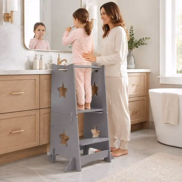 STILVORA Toddler Step Stool with Safety Bar in Grey Finish, H: 60.0 cm, W: 44.5 cm, D: 86.0 cm – 1