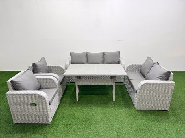 Fimous PE Rattan Garden Furniture Set in Light Grey with Reclining Chairs, Double Love Seat, and Rectangular Dining Table