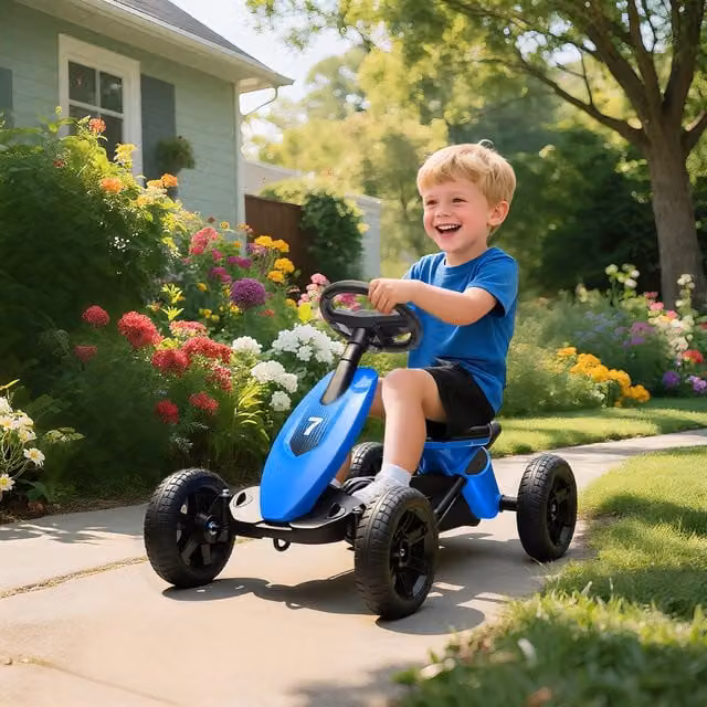 AIYAPLAY Kids Pedal Go-Kart with Silent EVA Foam Wheels in Blue
