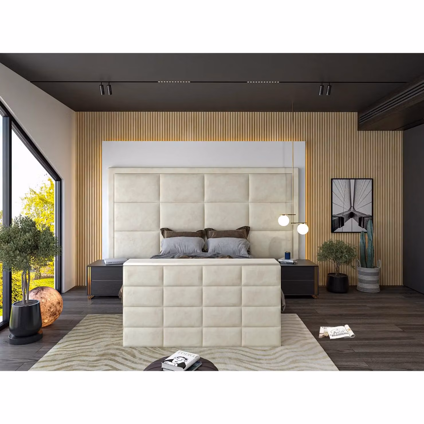 HOB Furniture Block Upholstered TV Bed Frame in Cream French Velvet, King Size (180 x 200 cm) – 2