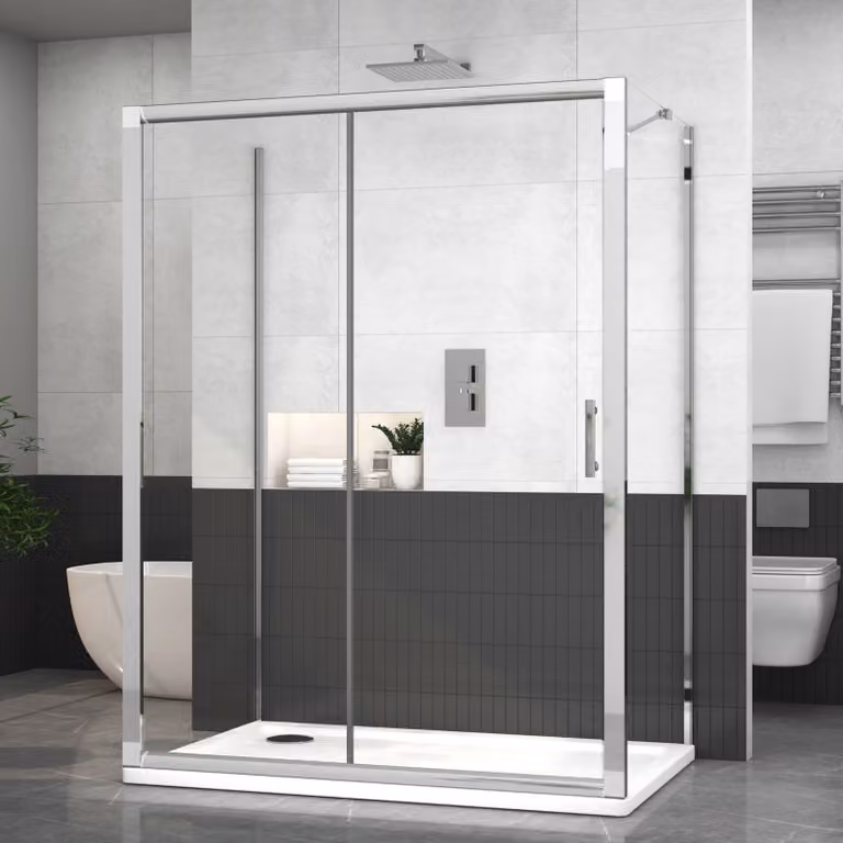 Royal Bathrooms Grand 3-Sided Rectangular Sliding Door Shower Enclosure with 6mm Transparent Glass and Silver Trim, W: 130 cm, D: 80 cm