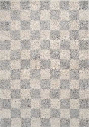 Desire Rugs Chester Modern Checkered Shaggy Area Rug, Grey, W: 60 cm, L: 220 cm