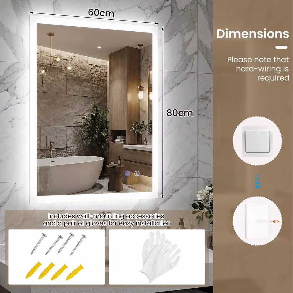 Costway Rectangular LED Lighted Bathroom Mirror in White, W/H: 60 x 80 cm – 3