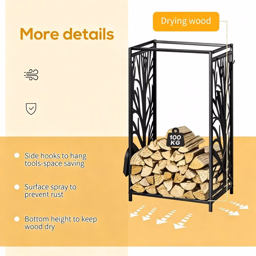 STILVORA Black Steel Firewood Log Holder with 4 Tools, W/D/H: 70.0 x 46.0 x 30.0 cm – 7