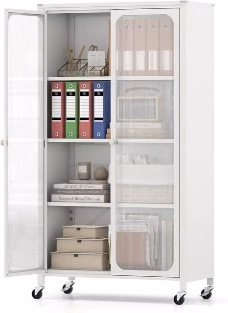 VOGREX Modern Metal Freestanding File Cabinet with Glass Doors and Adjustable Internal Shelves, White