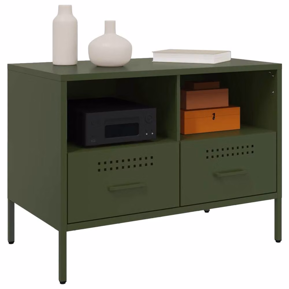 Berkfield Home Set of 2 Industrial Metal TV Cabinets in Matt Olive Green, W/D/H: 68 x 39 x 50.5 cm – 4
