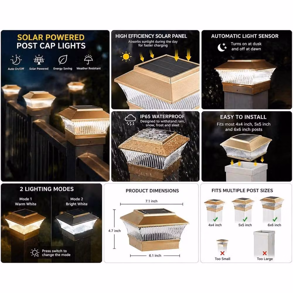 FLAVORA Set of 2 Solar Powered White LED Square Outdoor Post Cap Lights in Gold/Brass – 2