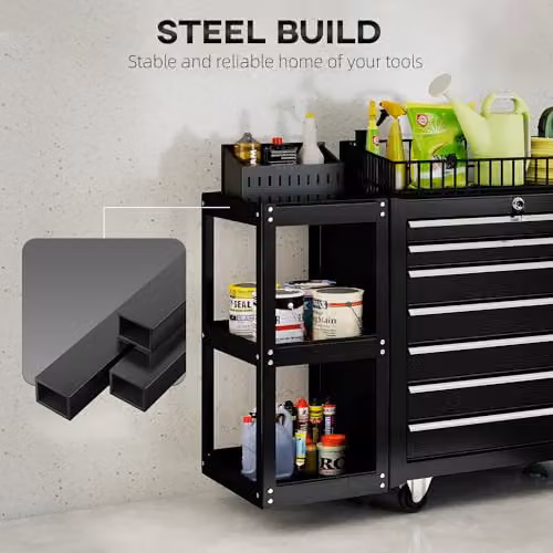 HOMCOM 7 Drawer Lockable Steel Tool Chest on Wheels, Black, W/D/H: 120 x 40 x 66 cm – 5