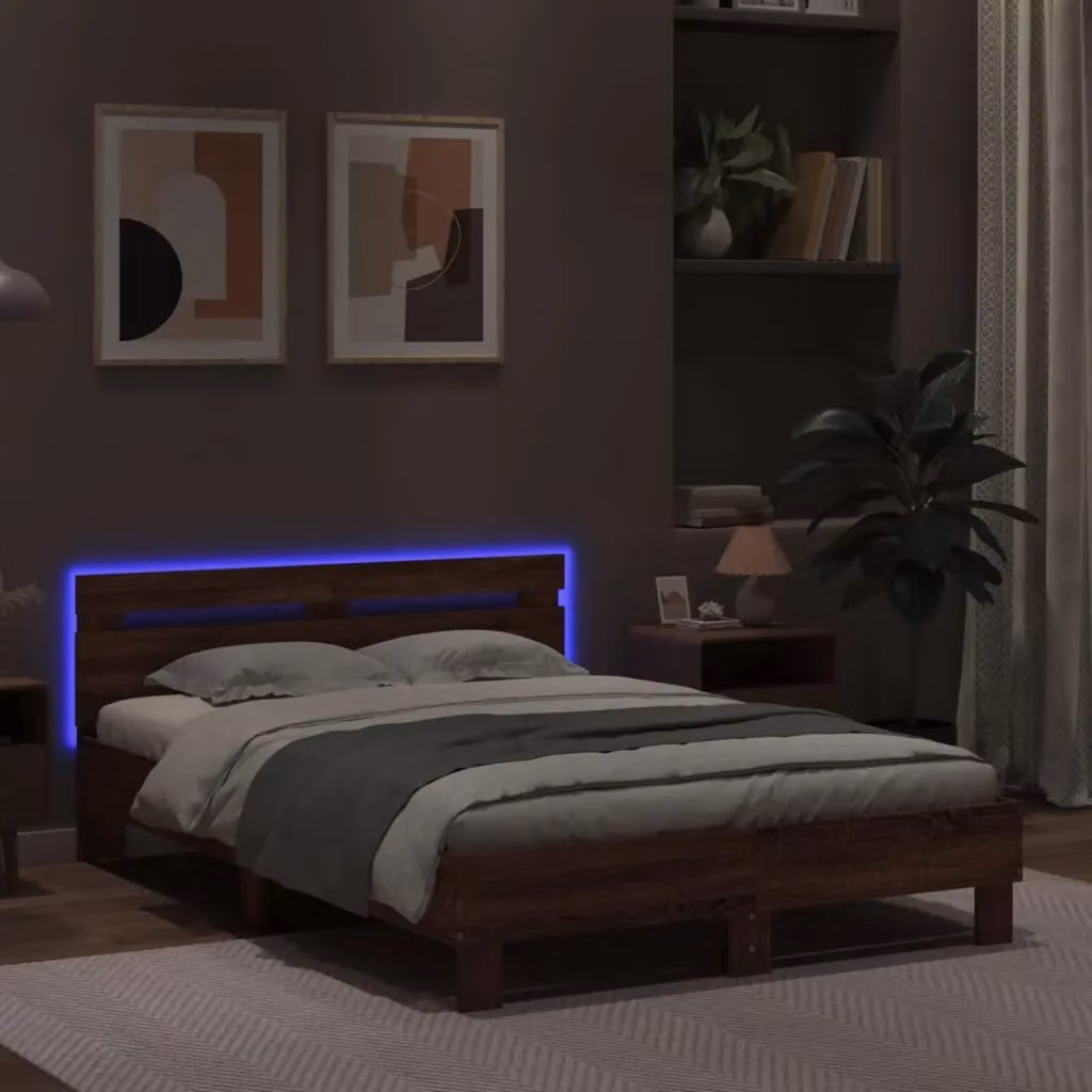 Berkfield Home Small Double Bed Frame in Brown Oak with LED Lighting and USB Charging Port, W/D/H: 120 x 200 cm – 4