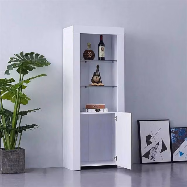SPETLEK Modern High Gloss White Tall Display Cabinet with Integrated LED Lighting and Glass Doors