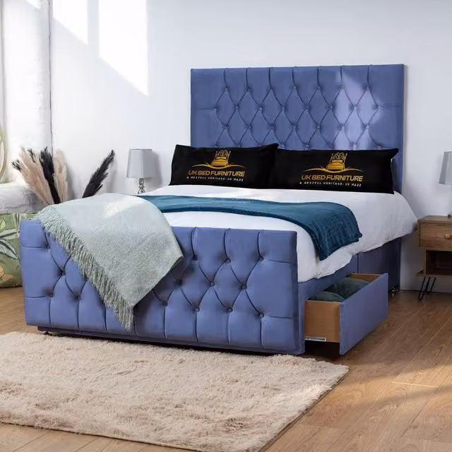 UK Bed Furniture Jublie Divan Bed with 4 Drawers and 26 Inch Headboard in Blue, Small Double, W/D/H: 120 x 200 cm