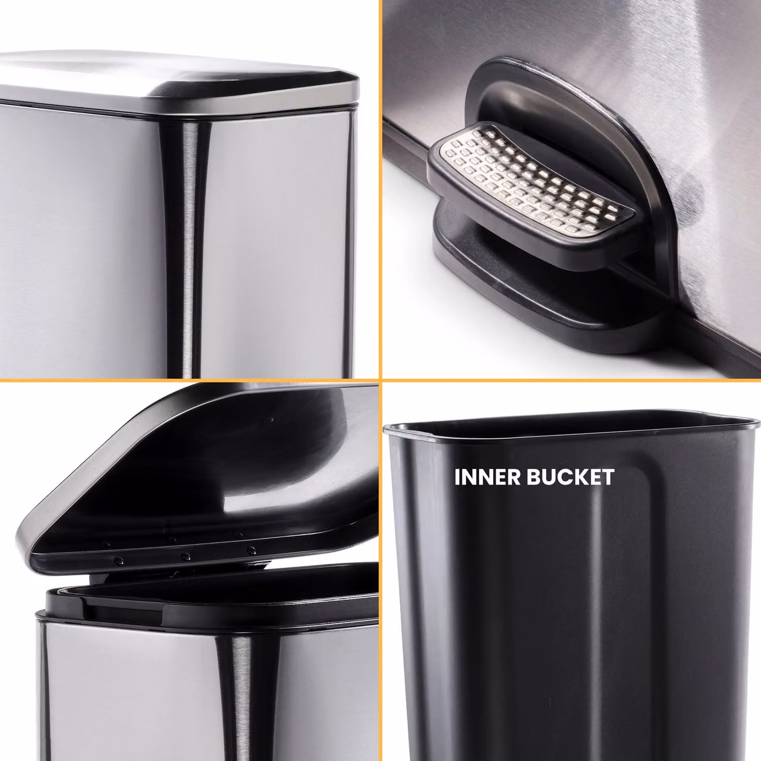 Novecrafto 50L Stainless Steel Pedal Kitchen Bin with Soft Close Lid in Black and Silver – 7