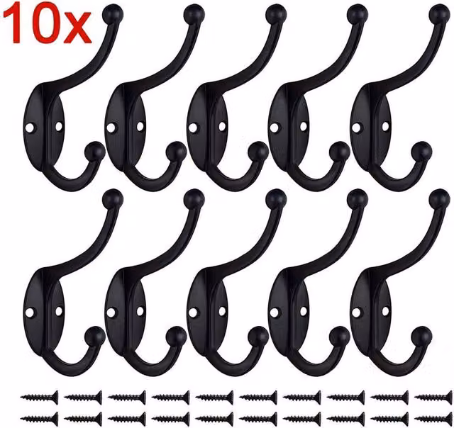 NESTLUNE Polished Metal Double Hat and Coat Hooks in Black with 10 Hooks and 20 Screws – 1