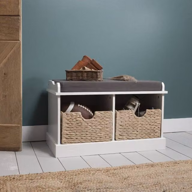 Nöa and Nani Stockholm Storage Bench in White with 2 Brown Rattan Baskets