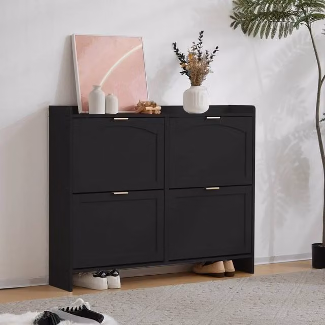 VOGREX Black Slim Shoe Cabinet with 4 Tilting Compartments, Depth: 24 cm, Height: 110 cm, Width: 90 cm – 1