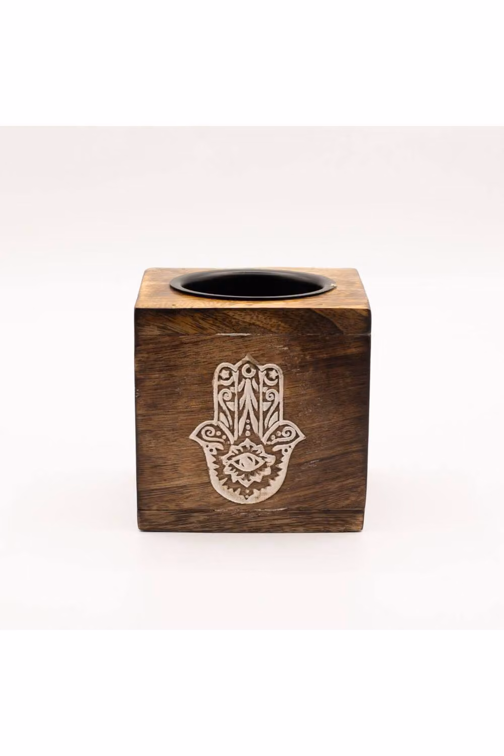 KDMD Square Mango Wood Tealight Oil Burner with Hamsa Symbol in Brown – 2