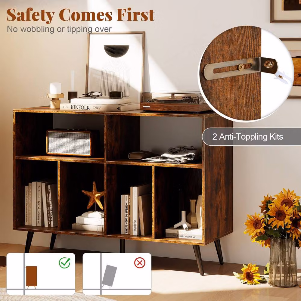 Gymax 3-Tier Mid-Century Record Player Stand and Vinyl Shelves in Brown – 8