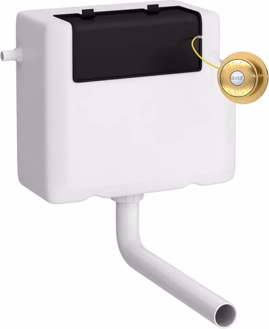Balterley Concealed Dual Flush Water Saving Cistern with Traditional Flush Plate in Brushed Brass and White, W/D/H: 34.0 x 14.2 x 29.6 cm
