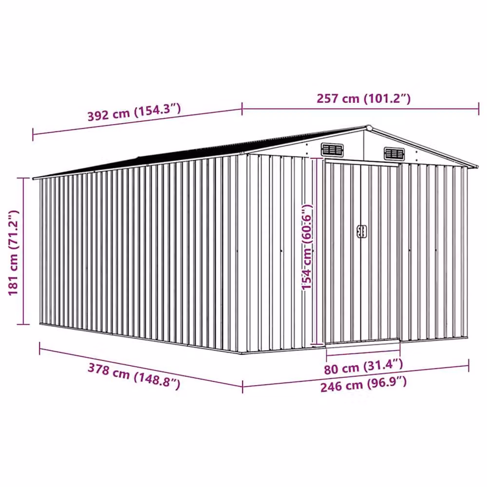 Berkfield Green Metal Garden Shed with Sliding Gable Doors, W: 257 cm, D: 392 cm, H: 181 cm – 5