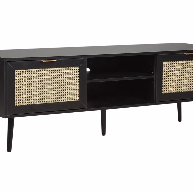 Wyld and Coco Black Wood TV Stand with Rattan Fronts and 2 Cabinets, W: 150 cm, D: 40 cm, H: 52 cm
