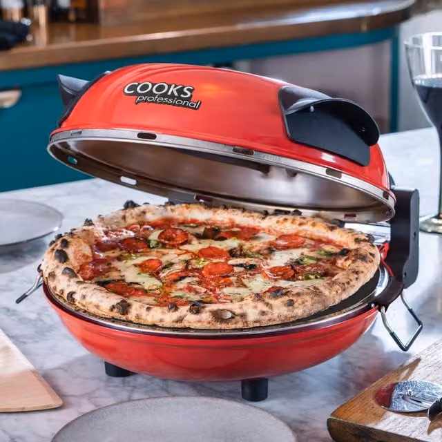 Cooks Professional Electric Pizza Oven Set with Top and Bottom Heat, Timer and Stainless Steel Finish, Red
