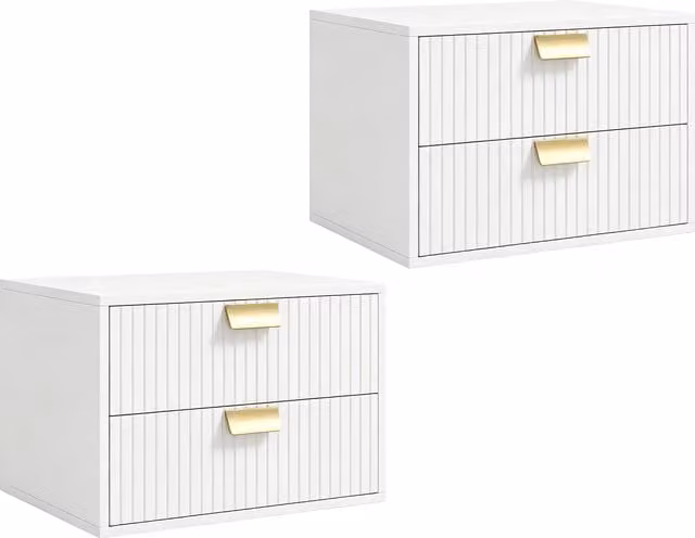 HOMCOM Set of 2 Modern White Wall Mounted Floating Nightstands with 2 Drawers – 1