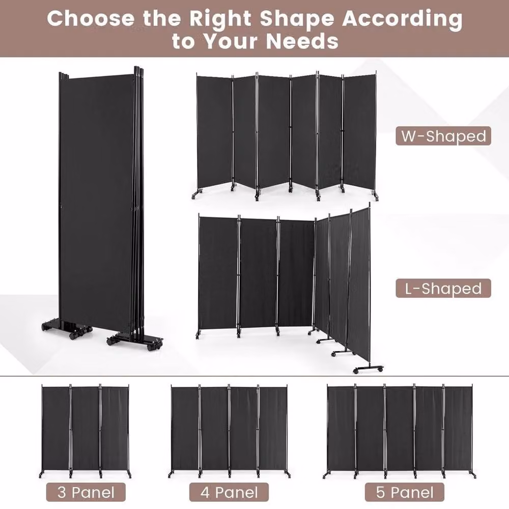 EONLION 6 Panel Rolling Room Divider in Black, Width: 100 cm – 4