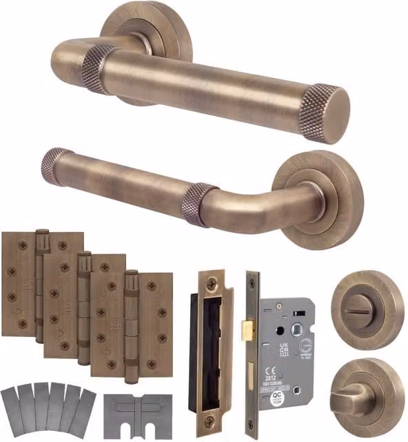 AFIT Antique Brass Fire Door Handle Bathroom Set in Bronze with 80mm Lock and 102mm Hinges, W/D/H: 15 x 15 cm