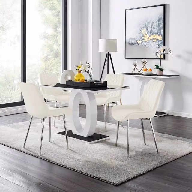 FurnitureboxUK Giovani Black Rectangular Glass Dining Table and Four Beige Upholstered Chairs with Silver Legs