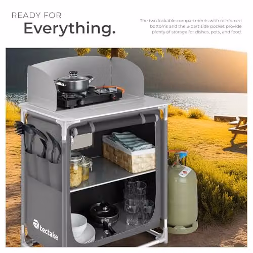 tectake Portable Camping Kitchen in Grey with Aluminium Frame, 2 Shelves, 3 External Pockets, Heat-Resistant Worktop and Zipped Door, W/D/H: 107 x 53.5 x 76 cm – 5