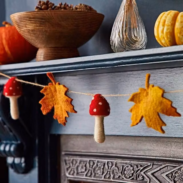 Paper High Handmade Felt Autumn Leaf and Mushroom Garland in Multicolour Red and Orange