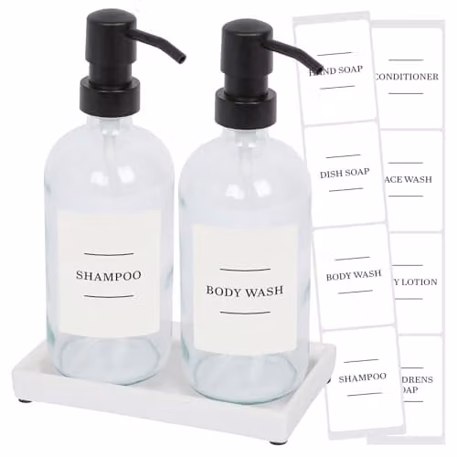 Harbour Housewares 2 Piece Glass Soap Dispenser Set with Ceramic Tray and Labels, 500ml, Transparent with Black Pumps and White Labels