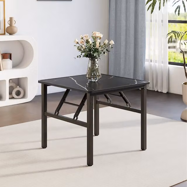 Komore Black Foldable Coffee Table with Marble Effect and Square Top