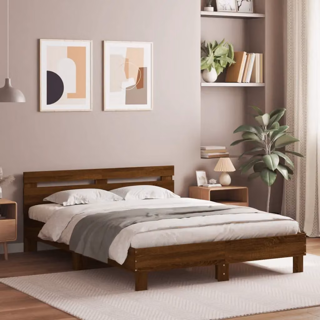 Berkfield Home Modern Bed Frame with LED Lighting and USB Charging Port in Brown Oak, W/D/H: 140 x 200 cm – 3