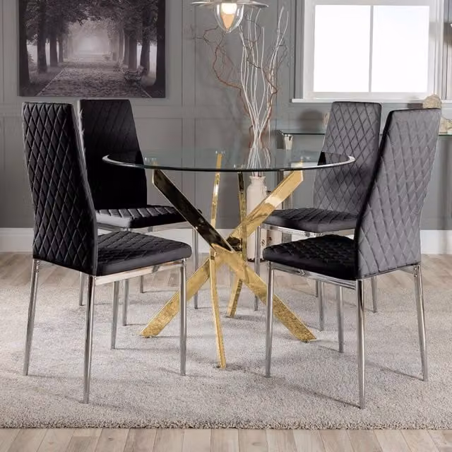 FurnitureboxUK Novara Dining Table and Four Milan Dining Chairs in Black and Gold