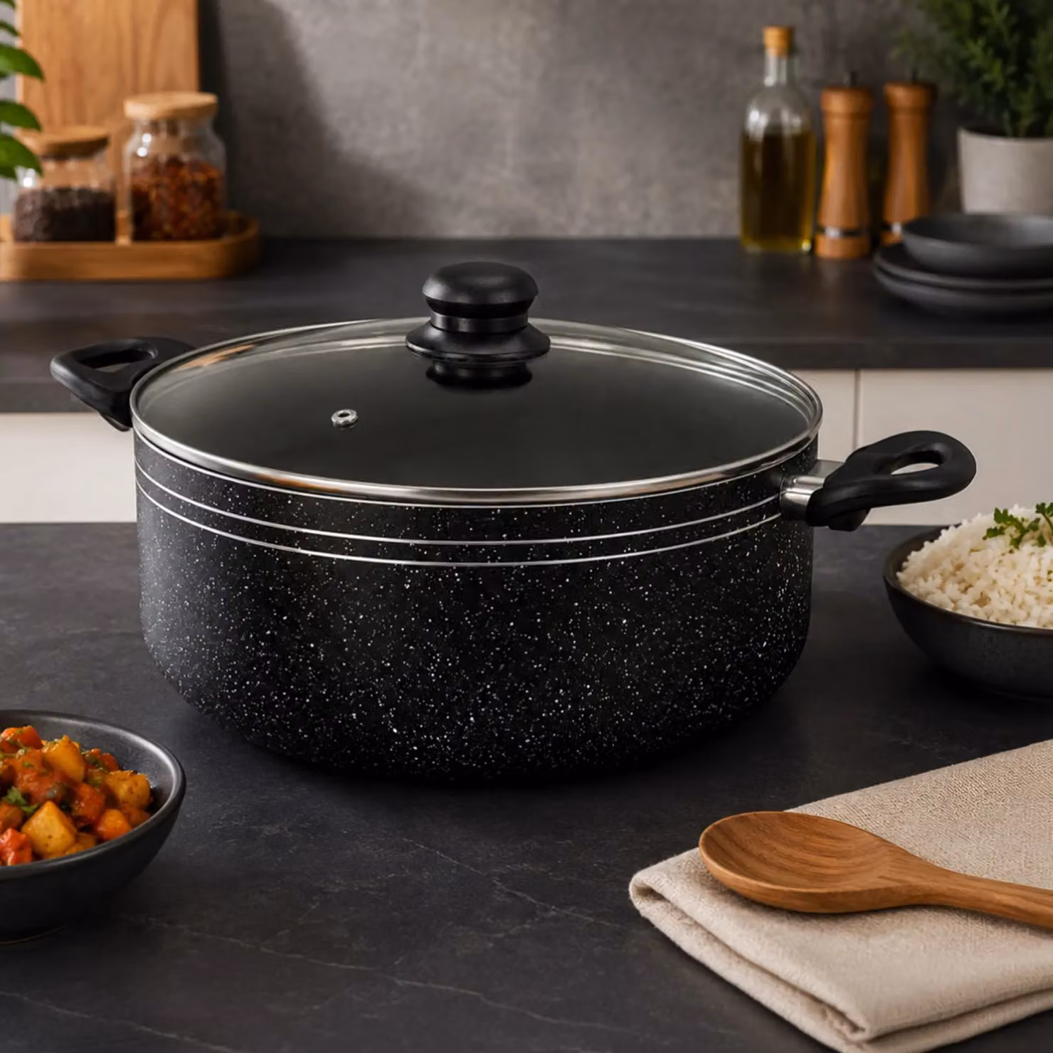 Royalford Non Stick Black Casserole Dish with Tempered Glass Lid – 2